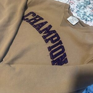 Champion Reverse Weave Crewneck Cropped Brown w Purple Embroidery (SMALL)